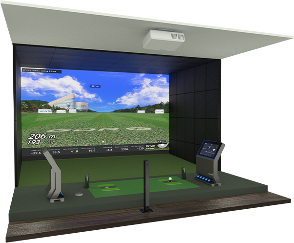 a close-up of the indoor golf simulator Golfzon GDR Plus including the projector