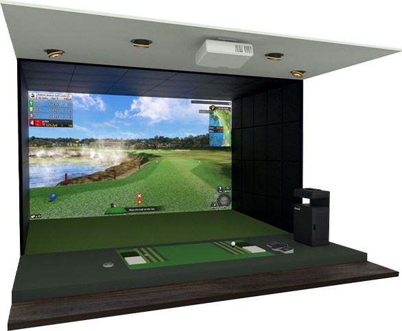 a close-up of the indoor golf simulator Golfzon Vision Premium including the projector