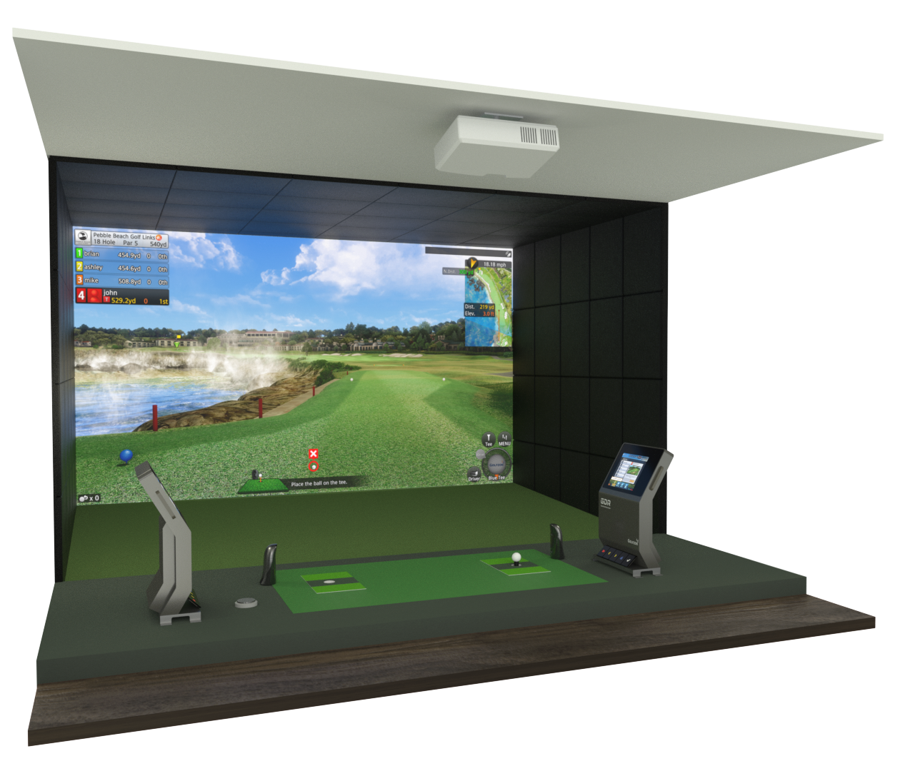 a close-up of the indoor golf simulator Golfzon Vision Standard including the projector