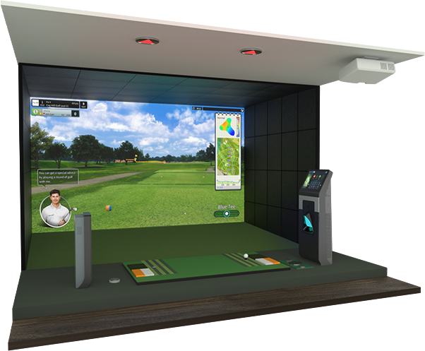 a close-up of the indoor golf simulator Golfzon Twovision including the projector